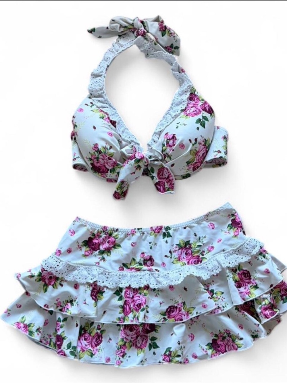 Floral Ruffled Bikini Set in with Pink Roses